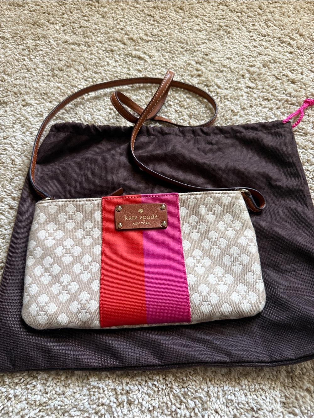 kate spade Cream Canvas Crossbody with Pink & Red Center Stripe